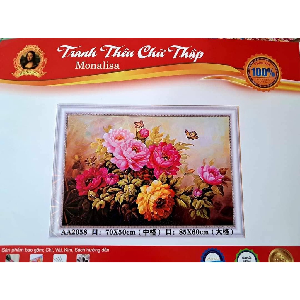 Trạnh thêu chữ thập hoa mẫu đơn AA2058-70x50cm