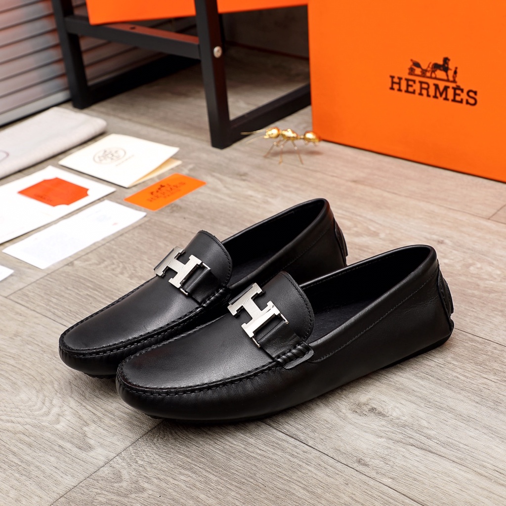 Giày lười nam cao cấp da thật Hermes HM thiết kế sang trọng và lịch lãm với trang trí khóa hình logo thời trang