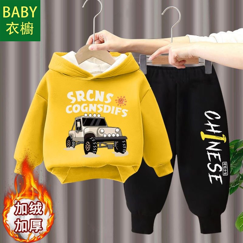 Bộ Quần Áo Hoodie Lót Lông Cừu Phong Cách Phương Tây Thời Trang Thu Đông Cho Bé Trai