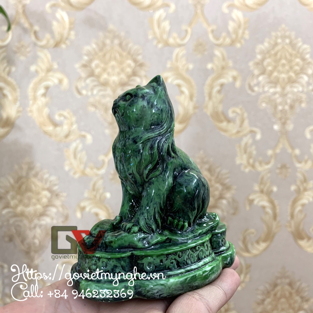 Tượng đá con mèo phong thủy trang trí ôm tài lộc phát tài phát lộc trang trí để bàn - Cao 10cm - Màu xanh lục bích