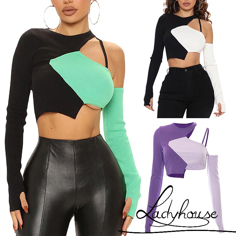 Áo thun croptop tay dài cổ tròn dáng ôm thiết kế độc đáo thời trang quyến rũ cho nữ