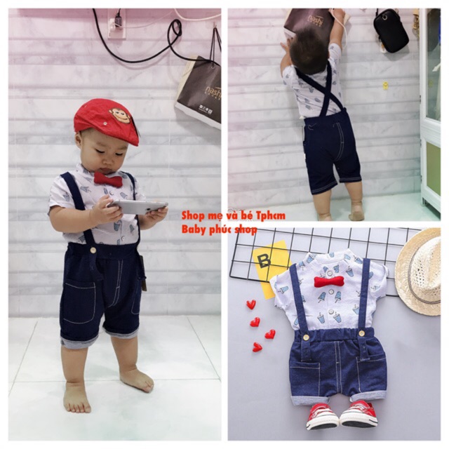Set áo sơmi que kem phối yếm jean chấm bi lạ mắt cho bé