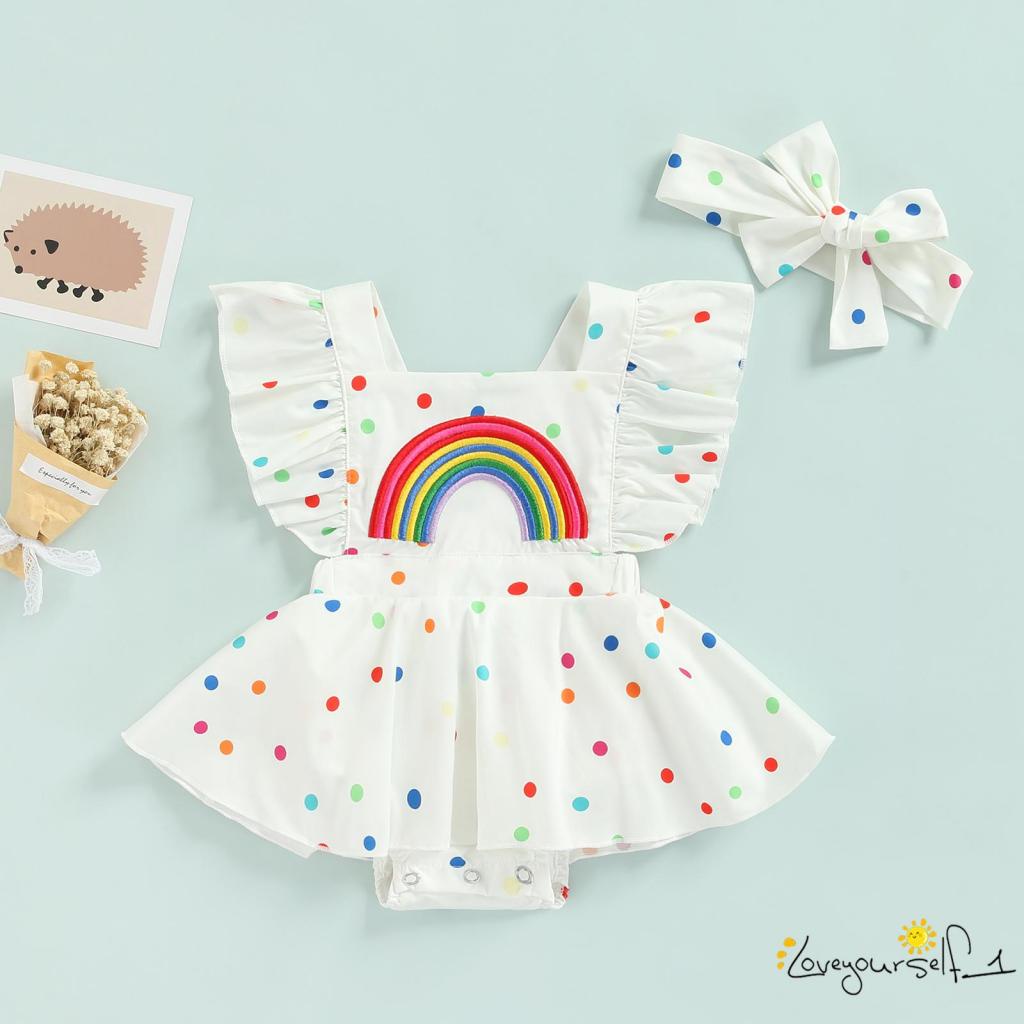 Bộ Áo Liền Quần Tay Xòe Họa Tiết Chấm Bi Cầu Vồng Dễ Thương Dành Cho Bé Gái B930G