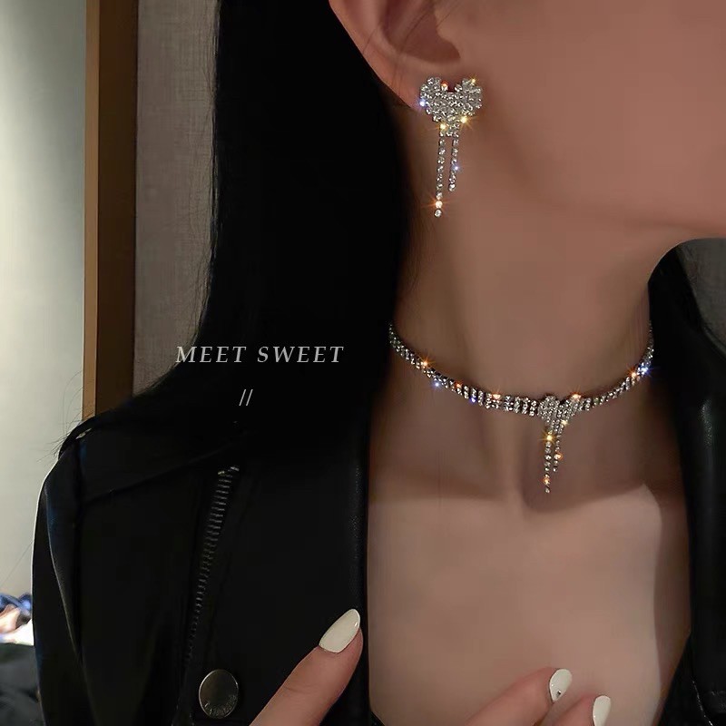 bộ vòng cổ choker bông tai đá lấp lánh trái tim dễ thương sang trọng