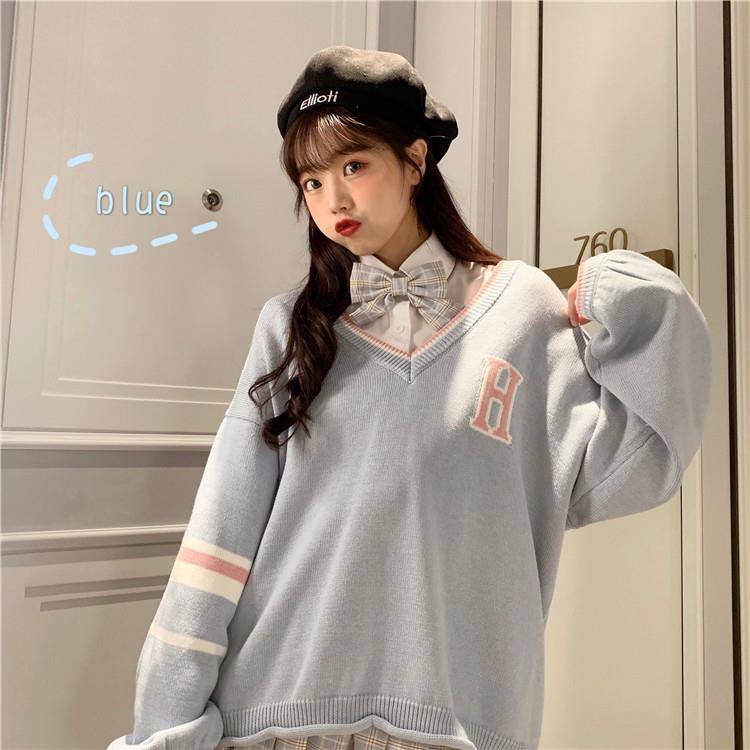Áo Sweater dáng rộng cổ chữ V kẻ sọc thời trang mùa thu cho nữ | BigBuy360 - bigbuy360.vn