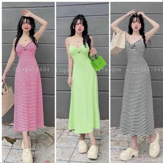 Đầm thun gân sọc maxi đi biển, đầm kẻ sọc ngang 2 dây xoắn ngực dáng xòe dài sexy, tôn dáng dx