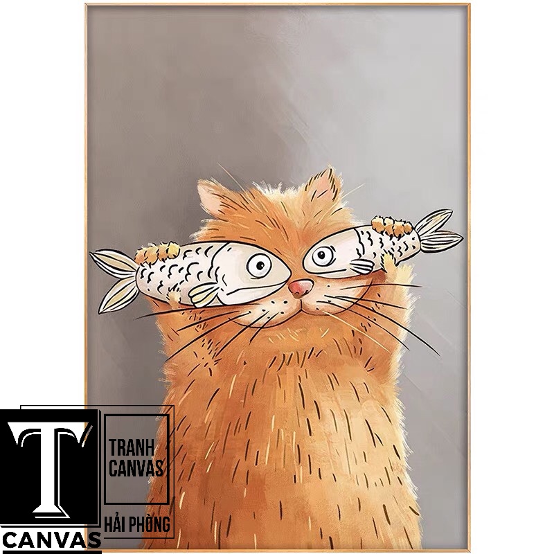 (Giá Xưởng) Tranh Canvas treo tường phòng khách, tranh hiện đại nghệ thuật, tranh con Mèo và con cá (không khung)