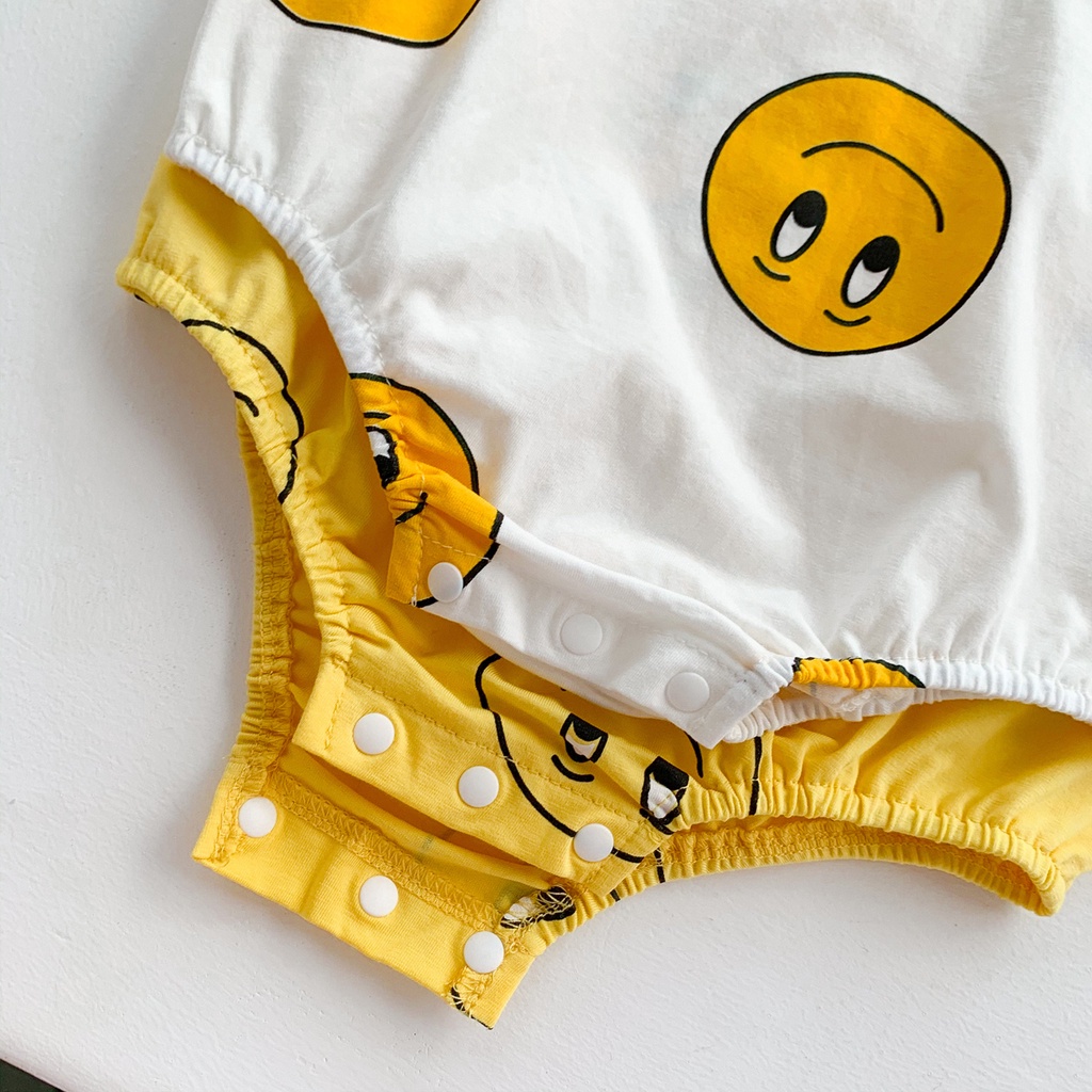 Bộ Áo Liền Quần Không Tay In Hình Mặt Cười Dễ Thương + Băng Đô Cài Tóc Cho Bé Sơ Sinh