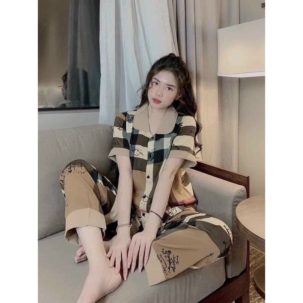 Bộ gấu nâu tay ngắn quàn dài cổ sen cao cấp