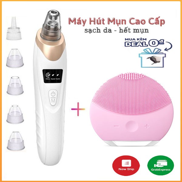 Máy hút mụn, Máy hút mụn cám đầu đen spa cầm tay sạc pin màn hình LCD với 5 đầu hút siêu mạnh