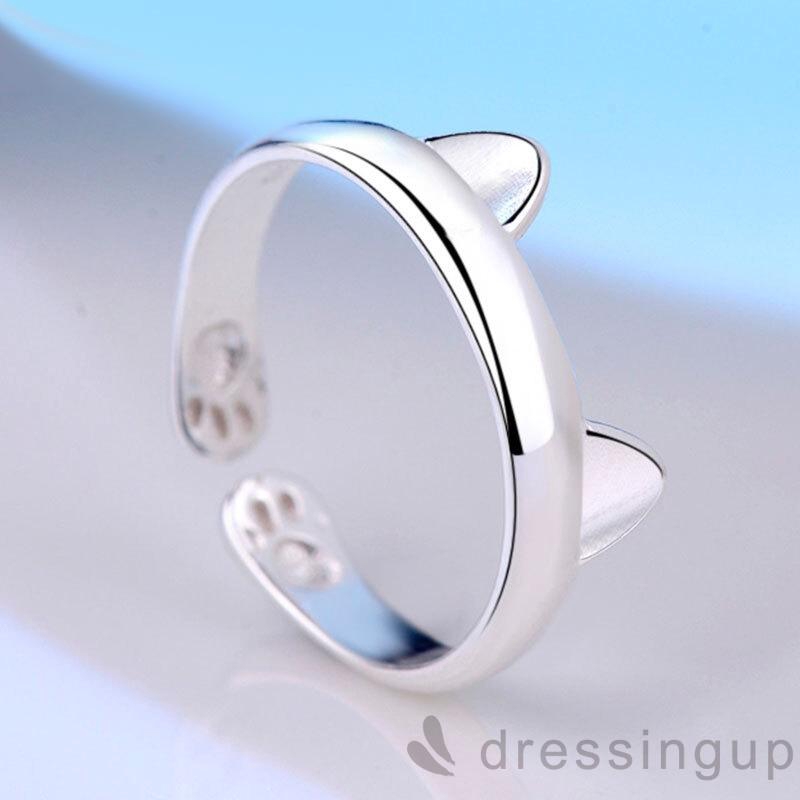 Nhẫn hở có thể điều chỉnh màu bạc hình tai mèo dễ thương dành cho nữ