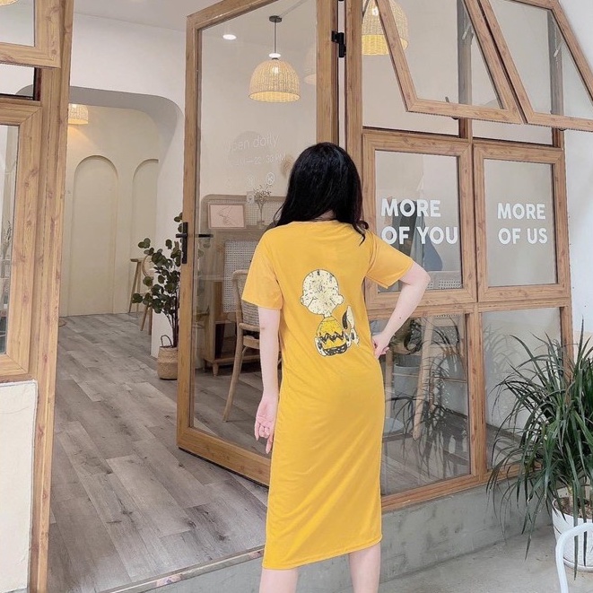 Đầm suông chất thun in hoạt hình chú chó và bé from rộng dáng dài mặc ngủ bầu bí bon chen