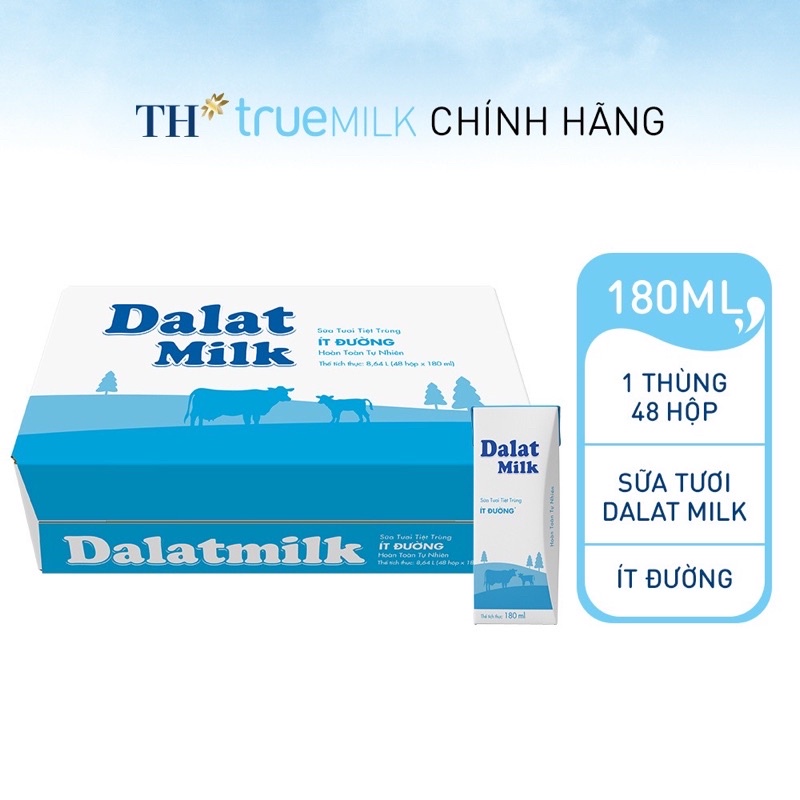 [HDS T9-2022] Thùng 48 Hộp Sữa tươi tiệt trùng Ít đường Dalat Milk 180ml