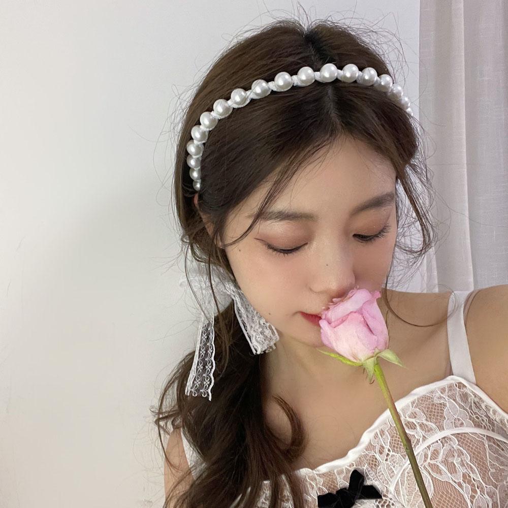 Băng Đô Vải Ren Màu Trắng Đen Xám Kiểu Dáng Ngọt Ngào Cho Nữ