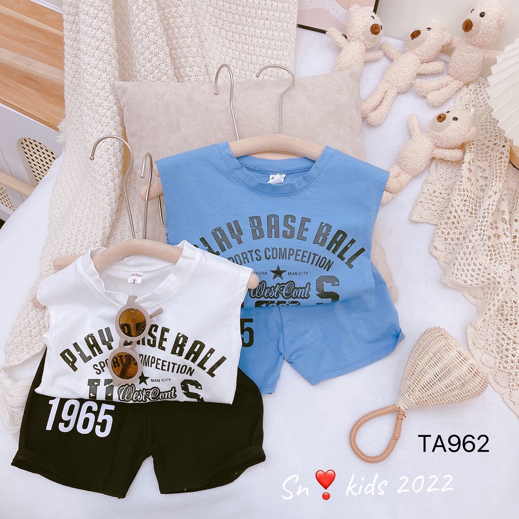 Bộ sát nách, bộ ba lỗ bé trai 1965 PLAY BASE BALL năng động, chất thun cotton mềm mát size từ 22 đến 35 kg
