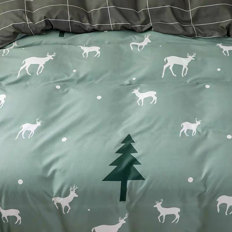 Bộ Chăn Ga Gối Cotton Poly Decor Phong Cách Hàn Quốc Họa Tiết Cây Thông Hươu Xanh