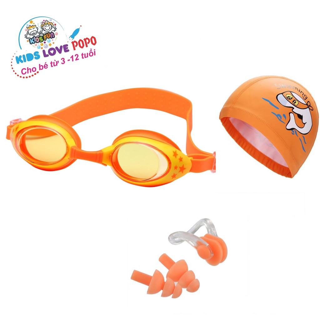 Kính bơi trẻ em Star, Mũ bơi ngộ nghĩnh, Bịt tai kẹp mũi POPO Collection chống tia UV, chống sương mờ Cam
