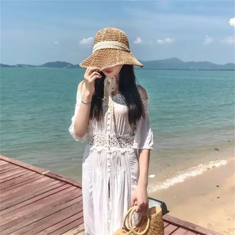 Mũ cói đi biển mẫu dây buộc