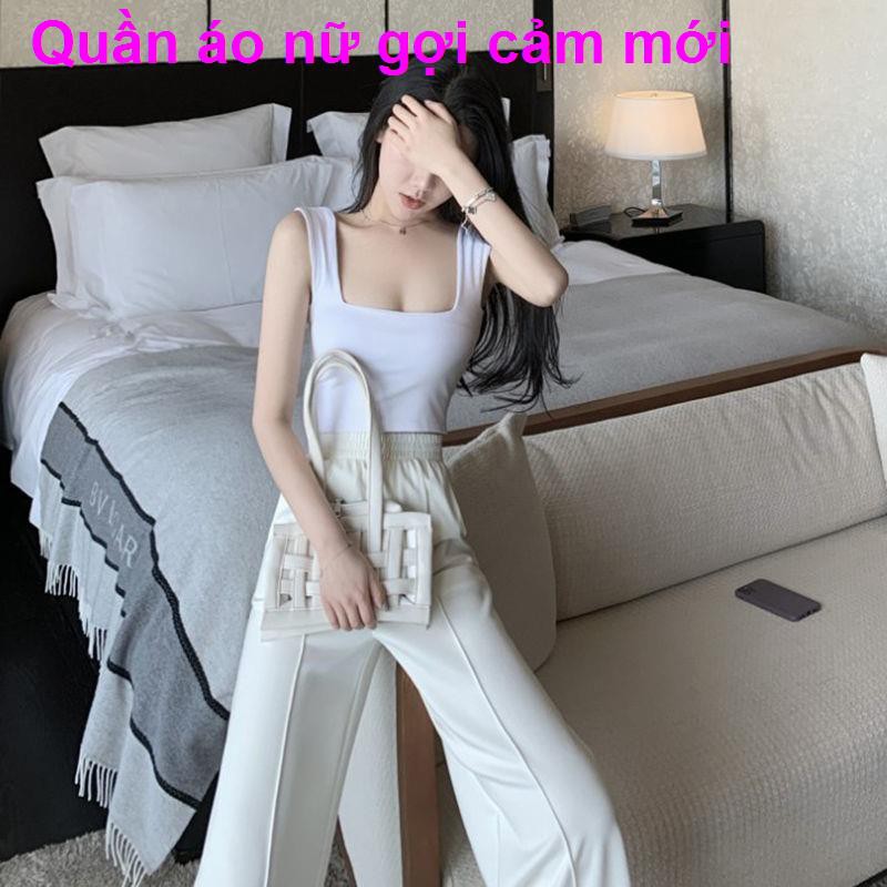 sexy cổ vuông ngắn vest thể thao giản dị cạp cao quần ống rộng hai mảnh bộ đồ thời trang nữ mùa hè 2021