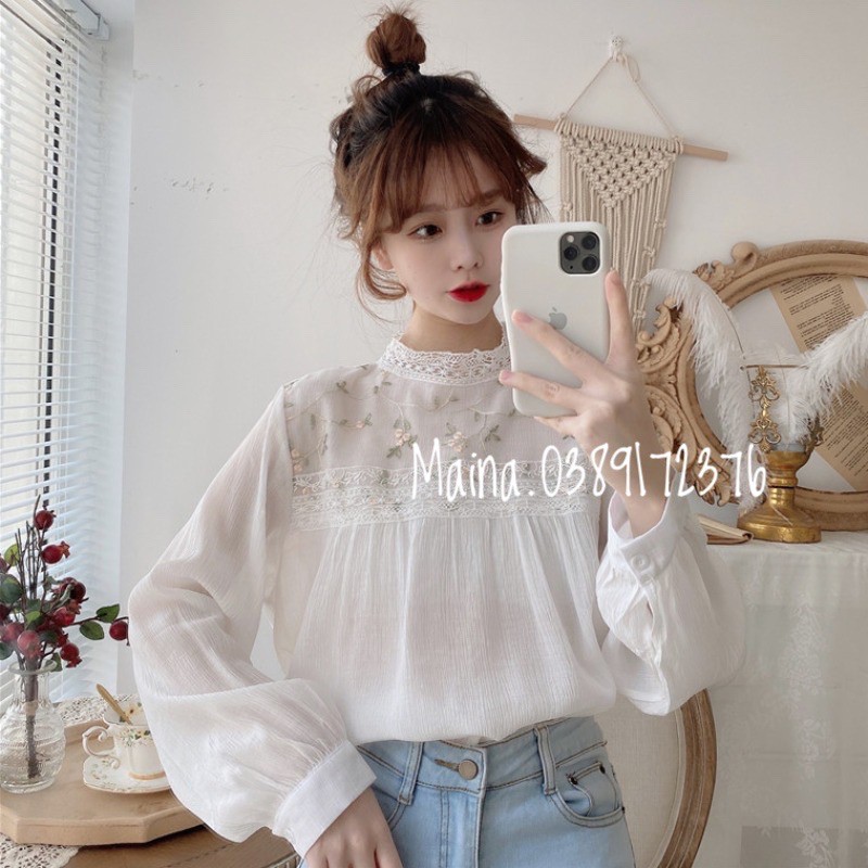 Áo cổ ren thêu hoa [Ảnh thật/ sẵn