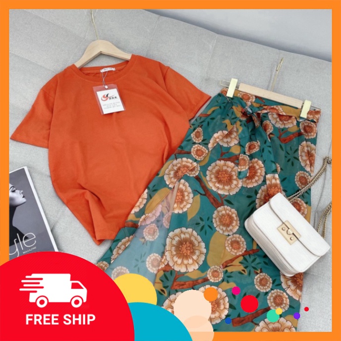 [XẢ KHO - FREESHIP] Set áo thun cam mix chân váy voan hoa vintage