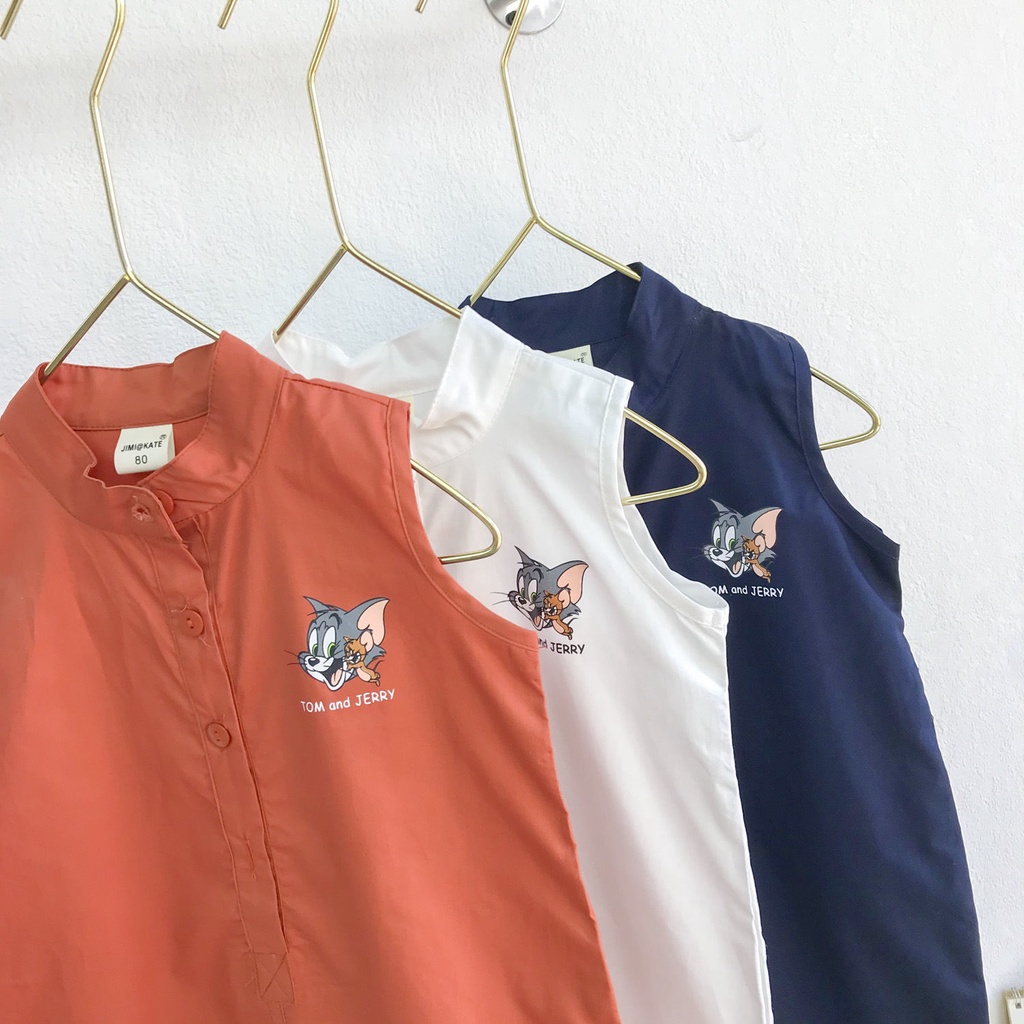 Bộ Áo Liền Quần Không Tay Phối Nút Cài In Hoạt Hình Phong Cách Hàn Quốc Thời Trang Mùa Hè Cho Bé Trai Và Gái