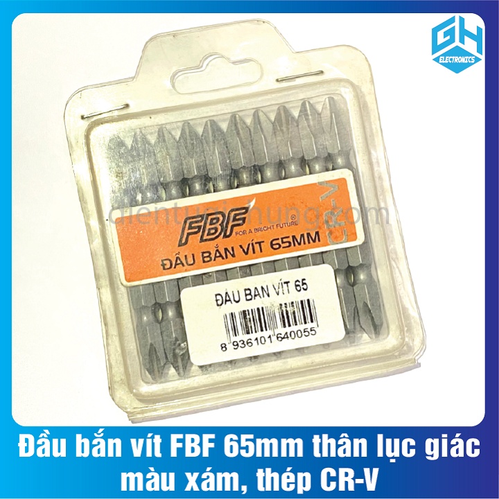 Đầu bắn vít FBF 65mm có thân lục giác, màu xám, chất liệu thép CR-V