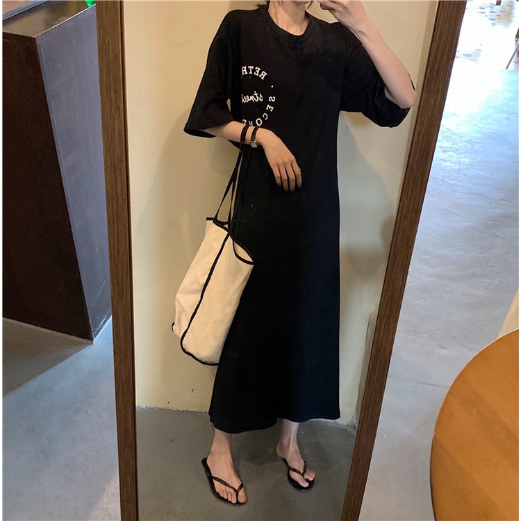 IELGY   Đầm Tay Ngắn Cổ Tròn Eo Cao Xẻ Tà Phong Cách Hàn Quốc Thời Trang Cho Nữ