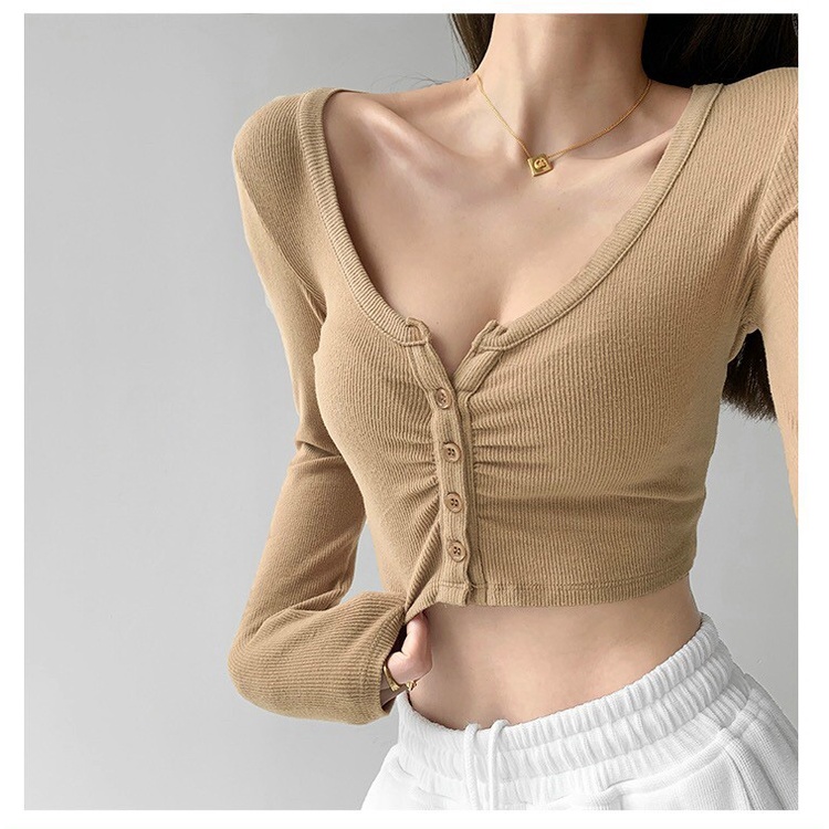 Áo croptop nữ tay dài - áo thun croptop ôm phối nút cá tính chất thun gân dày đẹp - AO104 | BigBuy360 - bigbuy360.vn