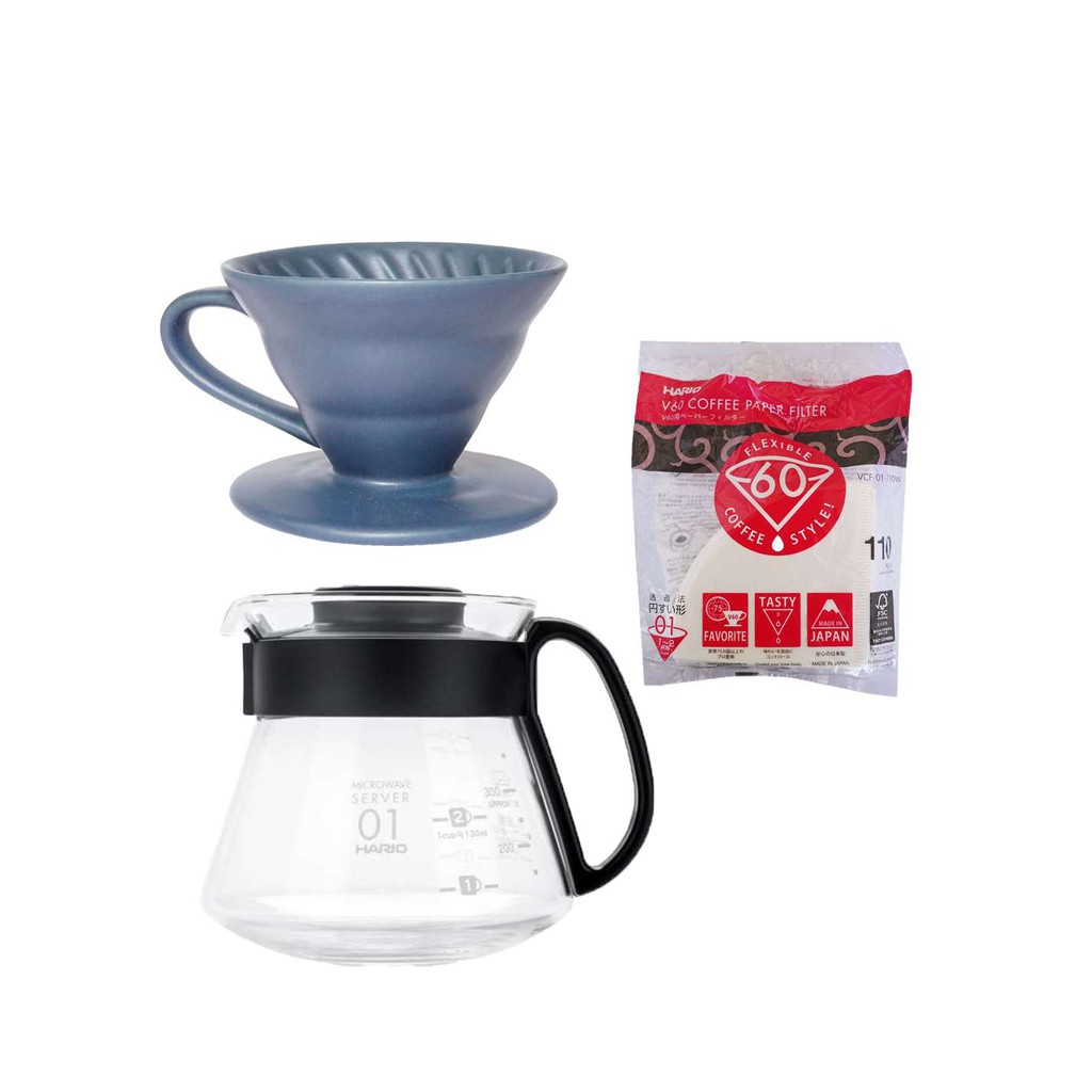 BỘ PHA CÀ PHÊ POUR OVER PHỄU LỌC BLAGU V60 AYAKA SIZE 01 MÀU NAVY VÀ BÌNH ĐỰNG HARIO 360ML XVD-36B