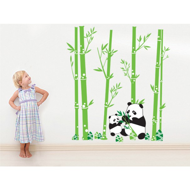 Decal trang trí tường Cây Trúc Xanh và Gấu trúc 2 Mẹ con