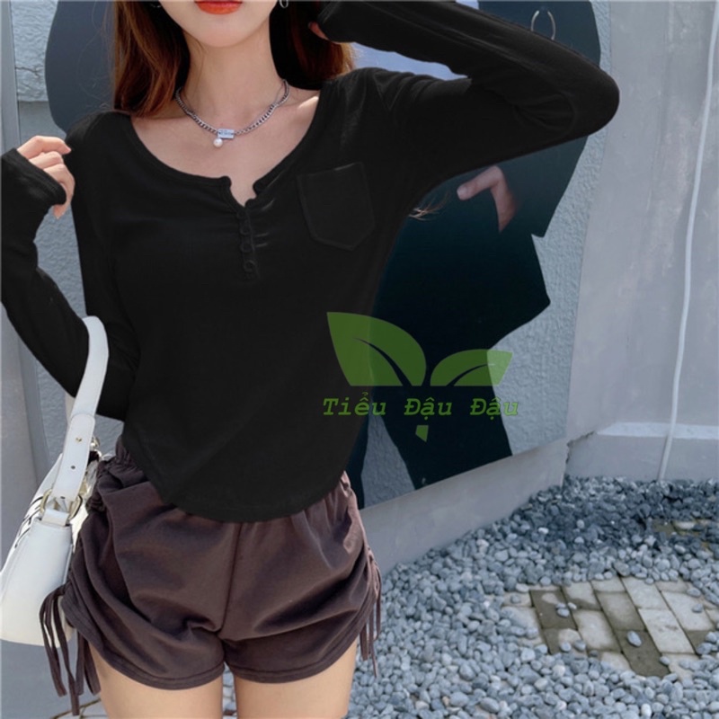 Áo thun nữ cổ V phối khuy che bụng len tăm mỏng nhẹ hàng đẹp