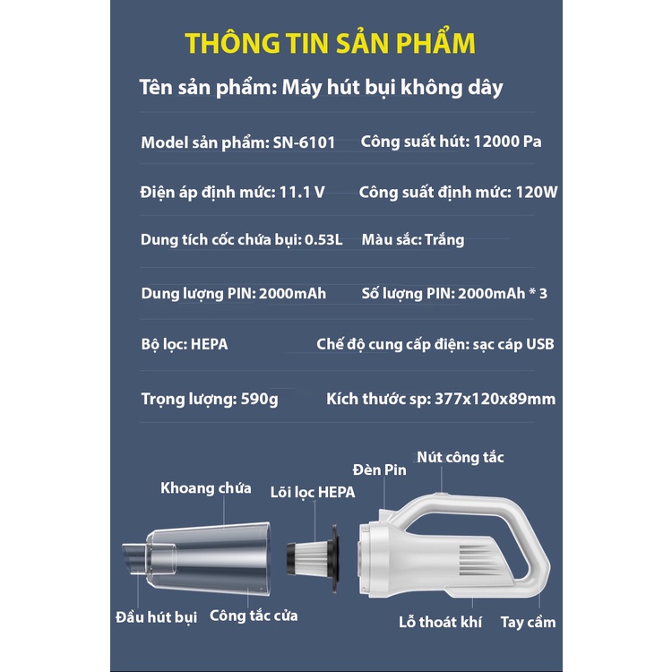 Máy Hút Bụi Cầm Tay Không Dây LT-106EG Lực Hút 12000Pa, Công Suất 120W, Hút Sạch Bụi Bám Lâu Ngày, Lông Thú Cưng