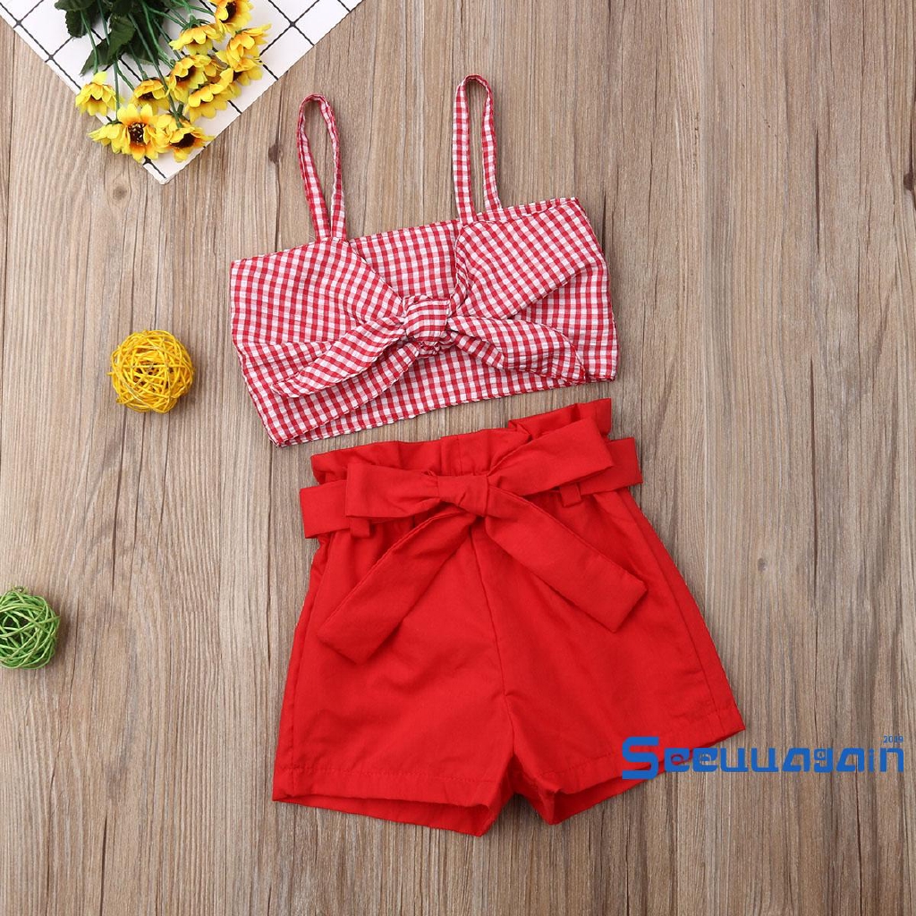 Set Áo Dây Cổ Yếm+Quần Short Đính Nơ Cho Bé Gái