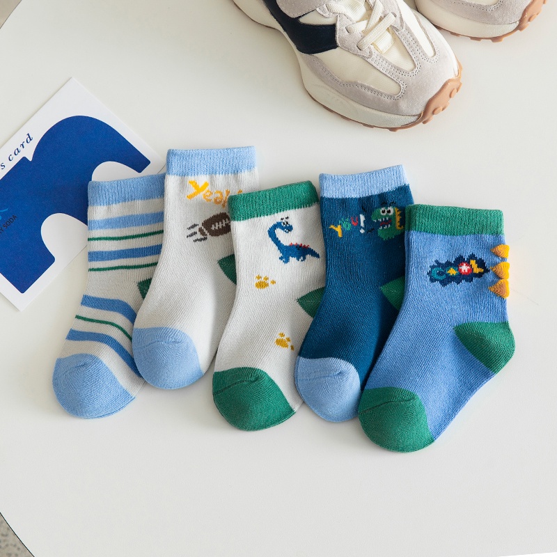Set 5 Đôi Vớ Cotton Họa Tiết Khủng Long Hoạt Hình Thoải Mái Chất Lượng Cao Cho Bé Trai Và Gái 1-12 Tuổi
