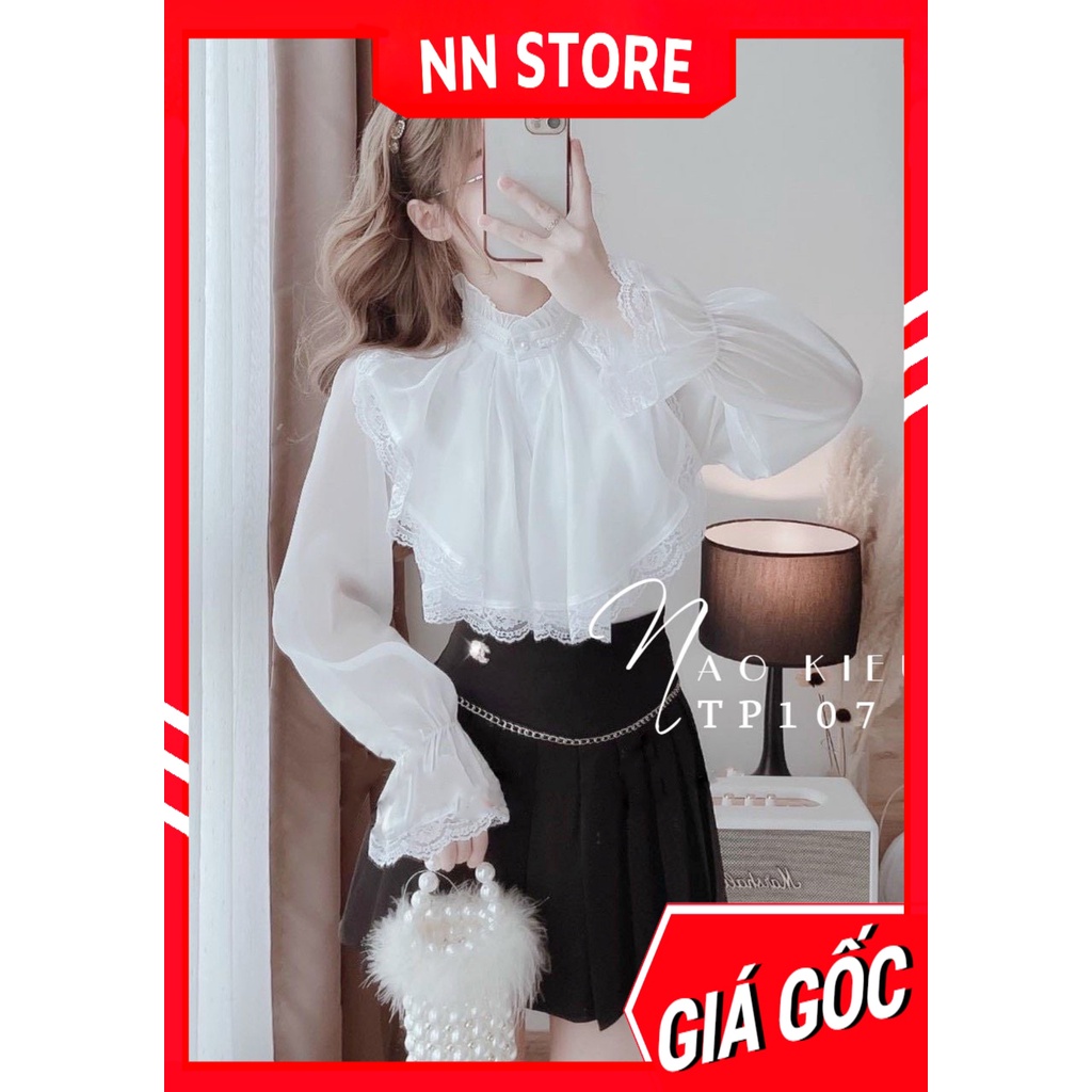 Áo kiểu nữ chất voan tơ mềm mịn phối ren dún bèo dễ thương TP107