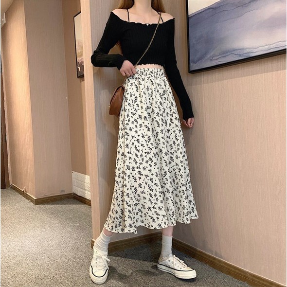 Chân váy hoa nhí vintage, váy hoa nhí dáng dài đen trắng vải voan 2 lớp siêu xinh - Mia Shore