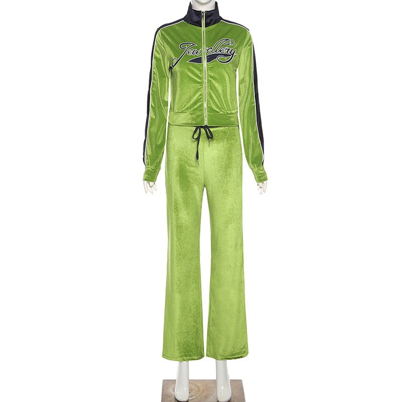 DUNEA Bộ đồ 2 món gồm áo khoác bomber phối quần dài ống rộng vải nhung thêu họa tiết chữ phong cách năng động