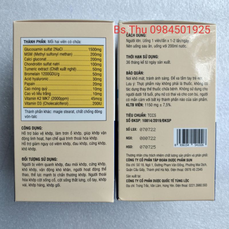 VIÊN DƯỠNG KHỚP SUNBONE NEW lọ 60 viên, bổ sung dưỡng chất cho khớp giúp khớp vận động linh hoạt
