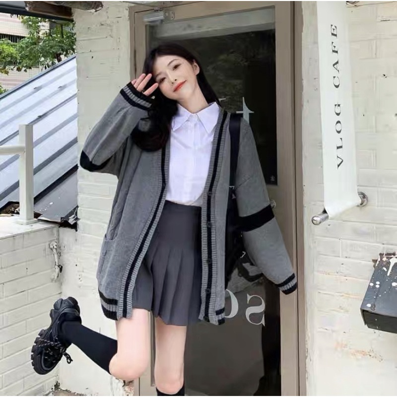Áo Cardigan oversize dáng rộng dài tay màu xám viền đen kèm ảnh thật | BigBuy360 - bigbuy360.vn