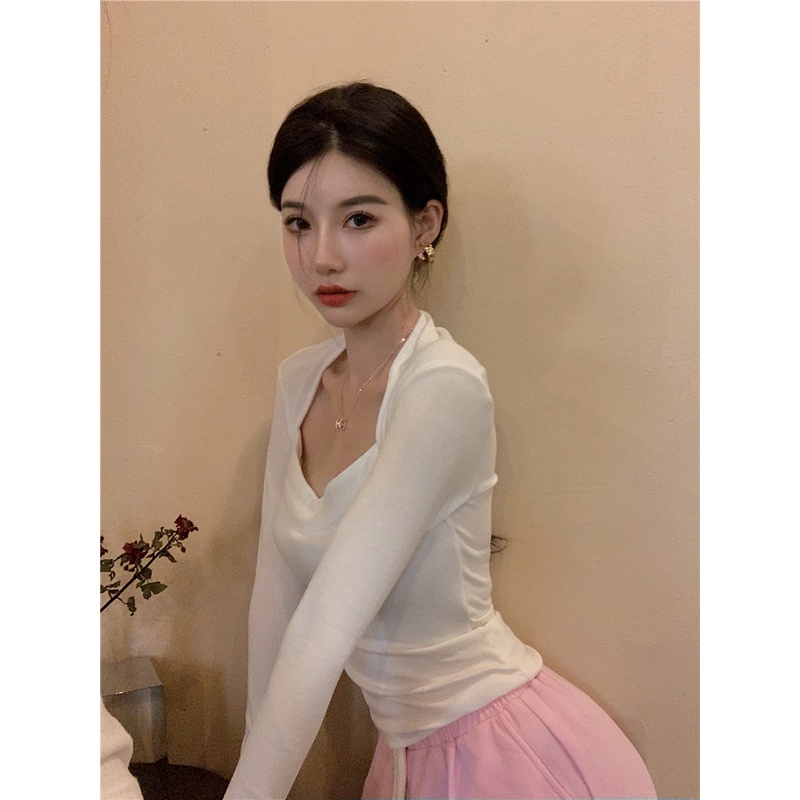 QKOOLE  Áo thun tay dài cổ chữ V màu trơn phong cách Hàn Quốc thời trang cho nữ