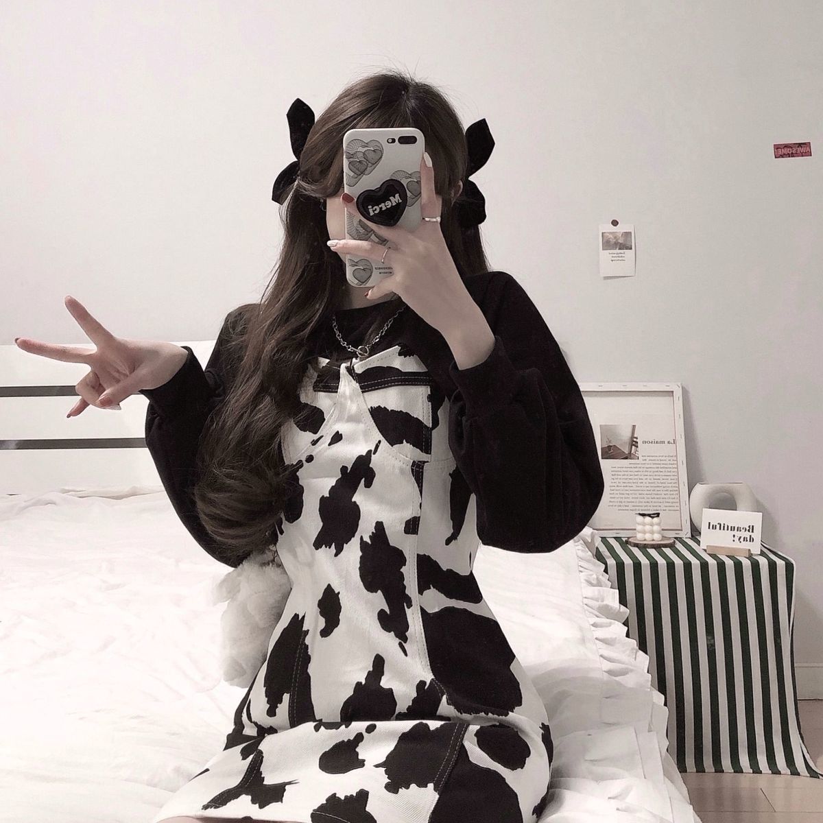 Set Áo Thun Ngắn Tay + Đầm Yếm Họa Tiết Bò Sữa Thời Trang Hè 2021 Cho Nữ | BigBuy360 - bigbuy360.vn