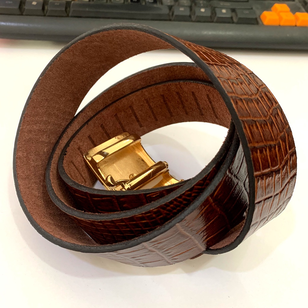Thắt Lưng Nam Da Bò Nguyên Miếng 1 Lớp Màu Nâu Đậm Dập Vân Cá Sấu Mặt Khóa Tự Động Gold