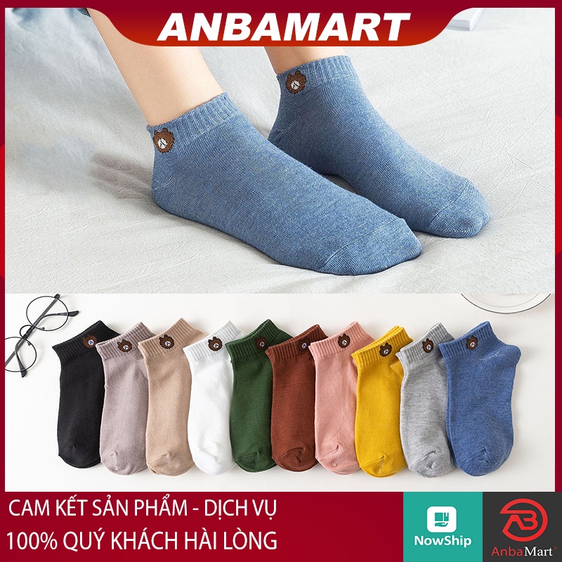 Tất Gấu set 10 Đôi - Vớ Tất nữ cổ ngắn cute đủ màu tặng kèm Túi Dây Rút Gấu Brown
