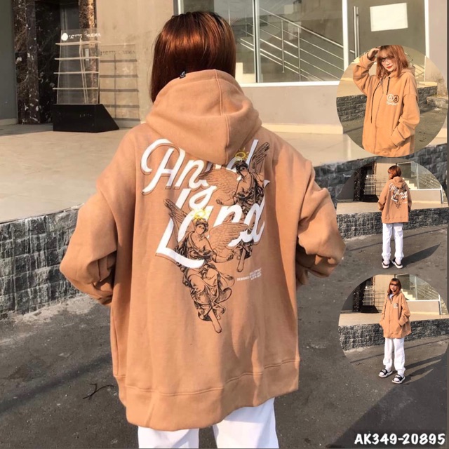Áo Khoác Nỉ Nữ Nỉ Bông Dày Dặn Hàng QC Form Rộng Unisex Áo Khoác Nữ Khoá Kéo Thun Nỉ in ANGEL-LAND NÂU - AK3349