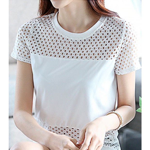 Áo kiểu phối ren tay ngắn bo eo