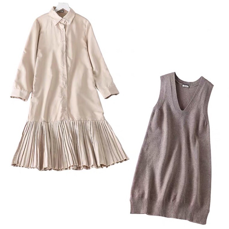 Sét váy sơ mi chân đuối cá và áo gile len dáng dài