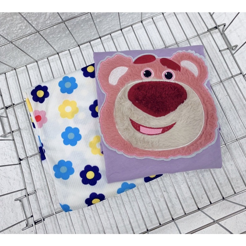 Set áo cotton tím gấu thêu quần suông hoa