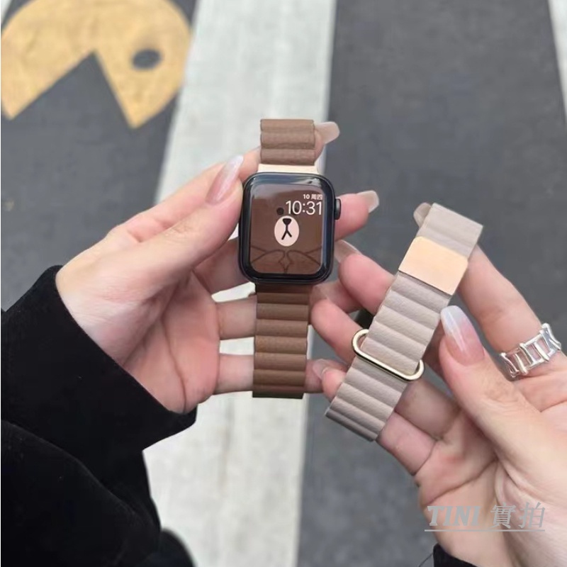 Dây Đeo Bằng Da Thật Có Nam Châm Cho Đồng Hồ Thông Minh Apple Watch Series 7 6 5 4 3 2 1 SE 38mm 40mm 41mm 42mm 44mm 45mm
