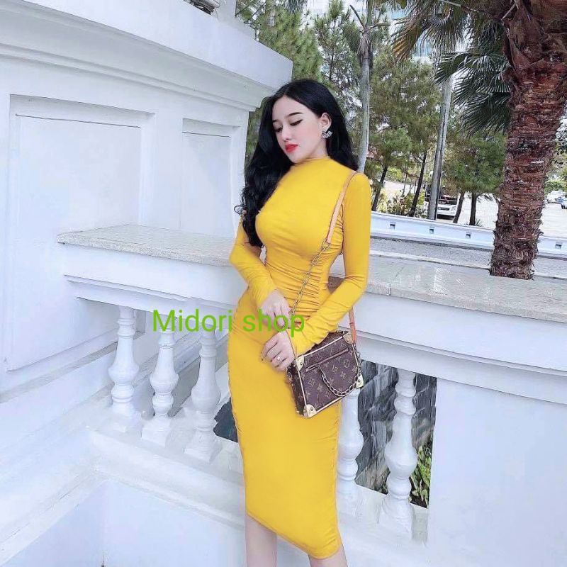 Đầm ôm body dài tay cổ cao nhún eo chất thun borip co giãn tốt, váy ôm body nữ có cổ 3 màu đen- hồng - vàng MIDORI247